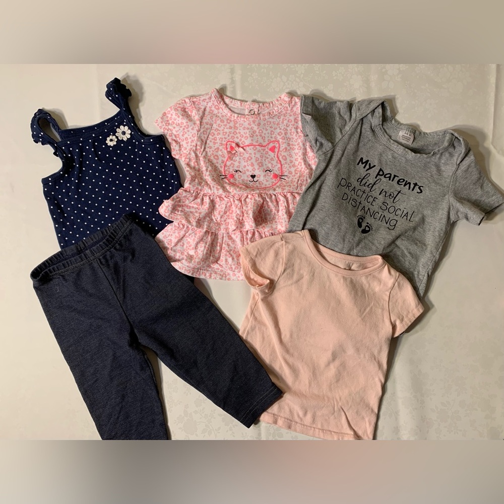 NWOT/EUC/GUC Polka Dot Romper, Kitty Car Ruffled Onesie, 2 Tees, Pants